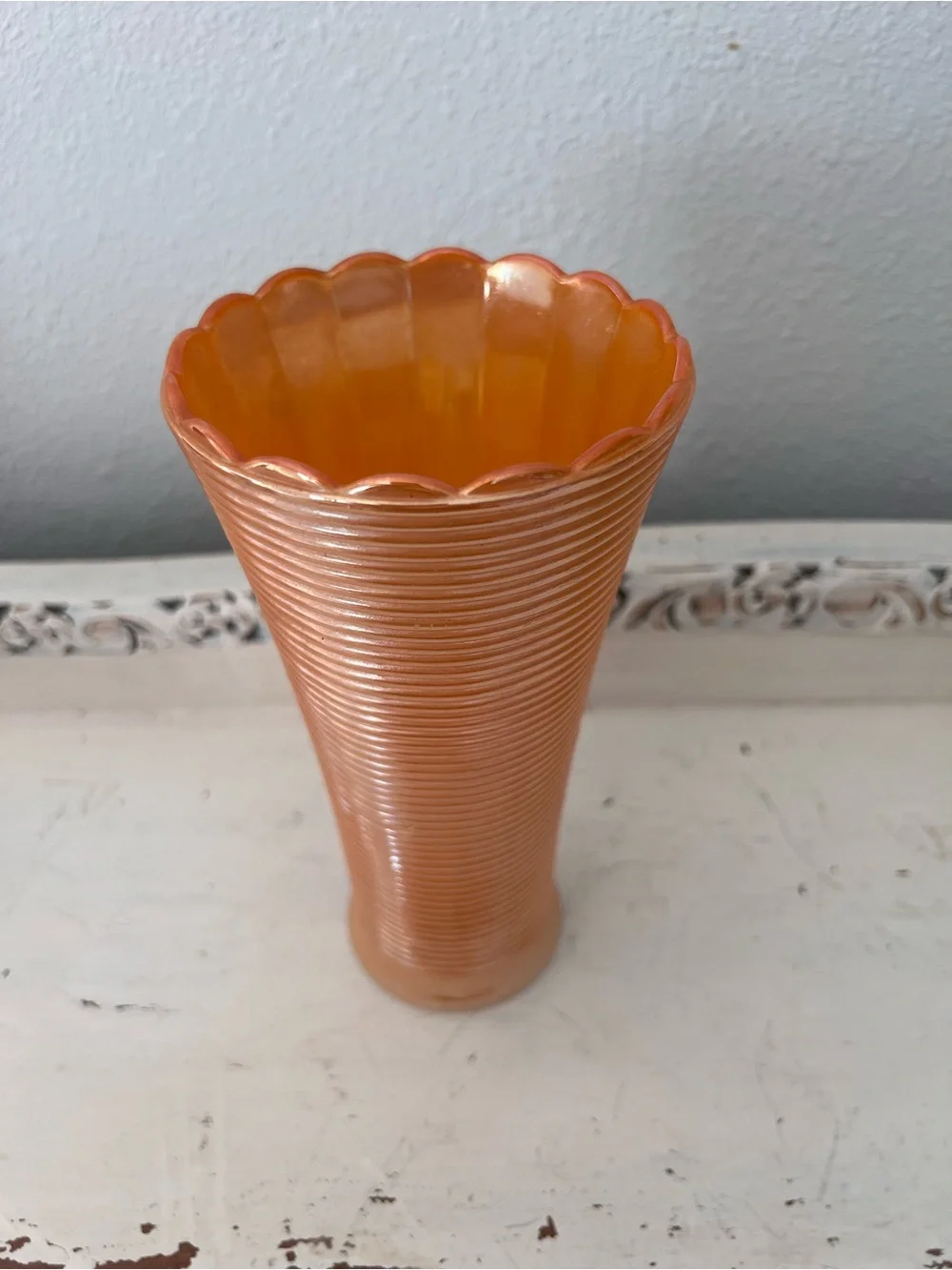 Vintage Ribbed Peach Lusterware Vase
